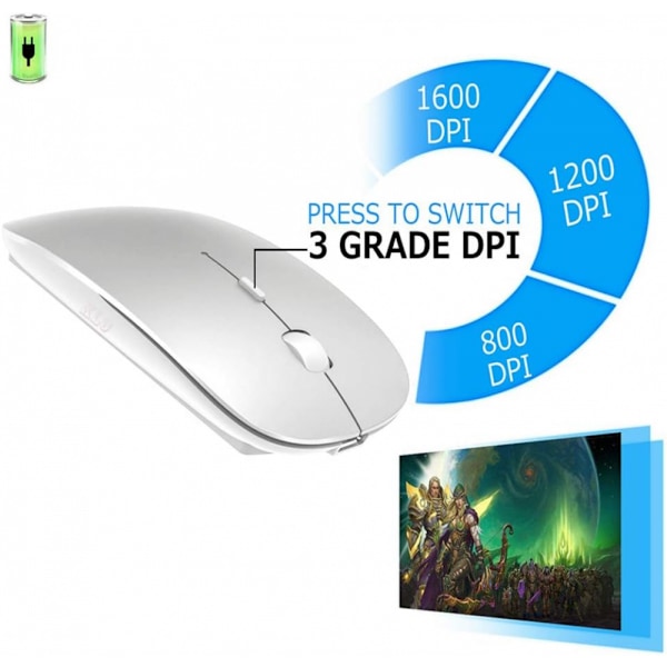 Genopladelig Trådløs Mus, 2.4G Lydløs Mini Slim Mus, Nano USB Type C Dual Receiver Mus til PC, Laptop, Macbook og Chromebook (Sølv)