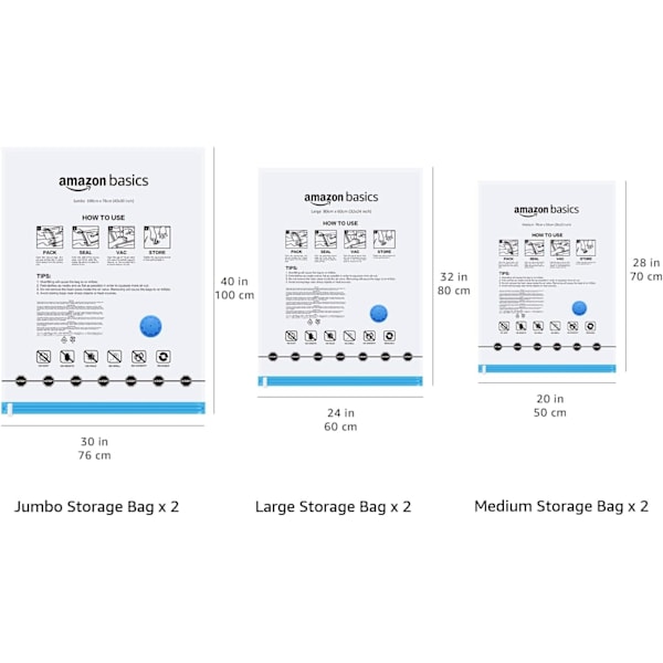 Vakuumforseglingspåser med håndpumpe (tilfeldig farge) 6-pakning (2 x Jumbo, 2 x L, 2 x M)