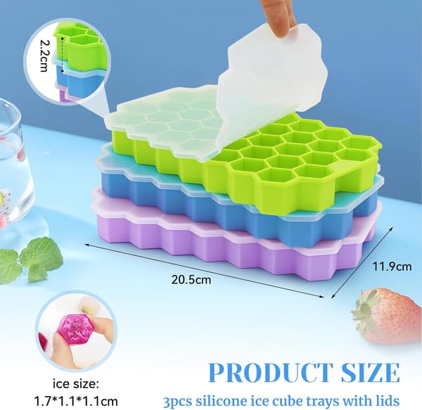 3-pack Silicone Ice Cube Tray with Lid, 37 Compartment Ice Maker, Easy Release, Reusable 111 Pieces Small Ice Cubes