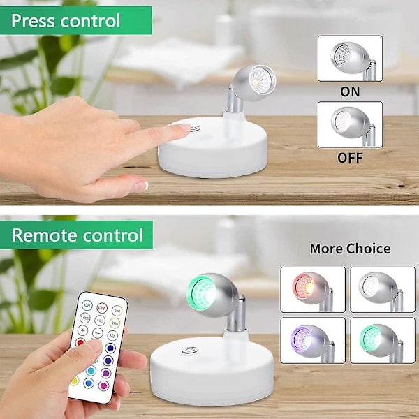 2-pack Trådlösa RGB LED-spotlights, Batteridrivna Accentljus, Dimbar Mini Puck-belysning Inomhus med Fjärrkontroll, 4000K Varmvitt, Självhäftande