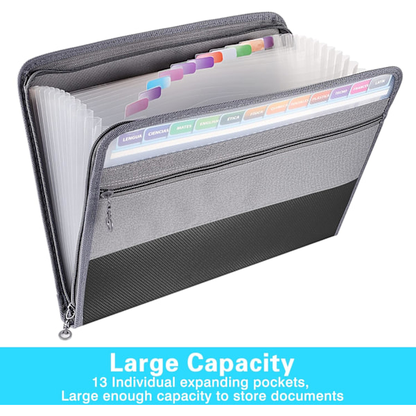 2-pakks utvidbar A4-mappe, 13 lommer Dokument-trekkspillmappe Sorteringsmappe med glidelås, dokumentveske Canvasveske Veske Bågm 2 Pack Gray Expanding Folders