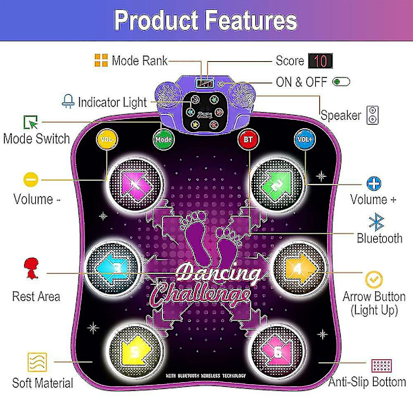 Dansmatte for barn 3 4 5 6 7 8 9 10+ år med Bluetooth, musikkdansmatte med lysende 6 piler, elektronisk dansefeltleker {GKS}