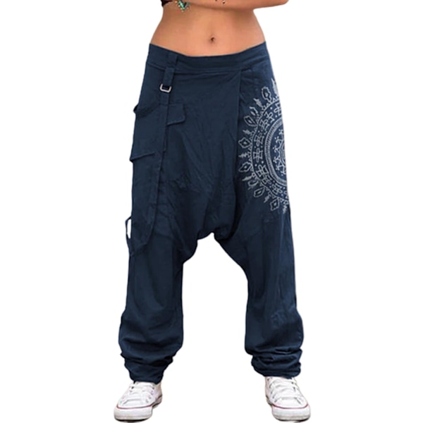 Fianao Dam Låg Midja Drop Crotch Retro Print Saggy Baggy Byxor Lösa Harem Byxor-WELLNGS Navy Blue Navy Blue S