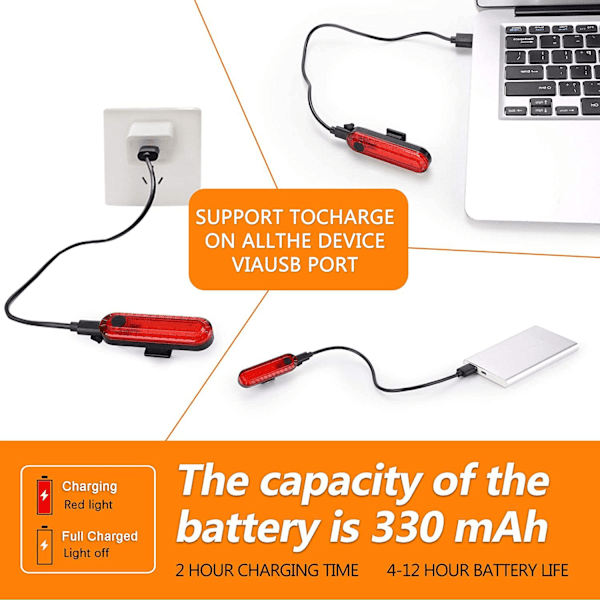 2-pak LED-baglygter til cykel, superlysende USB-genopladelig Bi