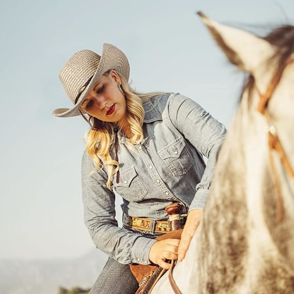 Western Cowboyhatt (med rep) for kvinner og menn med sammenleggbar sommer solhatt halmhatt bred brem hatt, beige