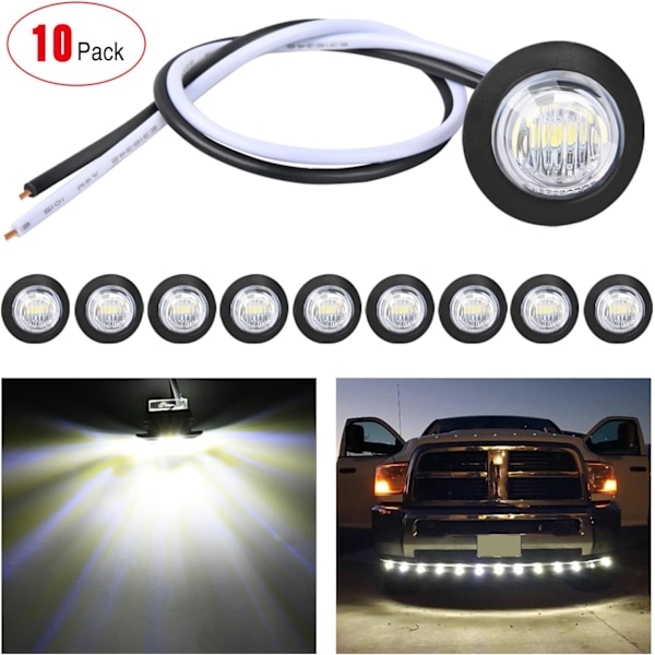 10 st 3/4\" Runda LED positionsljus fram, bak, sida, blinkers, markeringsljus för lastbil, husbil, bil, buss, släpvagn, husvagn, båt (12V, vit)