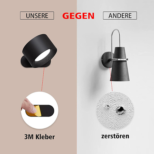 Vegglampe LED Vegglampe Oppladbart Batteri Vegglampe med 3 Fargemodus 3 Lysstyrkenivåer, 360° Roterende Magnetisk Kule Berøringskontroll, Innendørs W Black