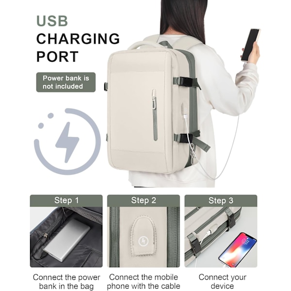 Stor rejsetaske til kvinder, håndbagage, flyselskabs godkendt, udvidelig, arbejdsrygsæk med laptop beige green