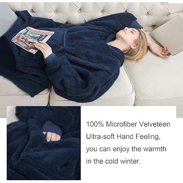 Hettegenser med filt, Oversized Sherpa Hettegenser, Bærbar Hettegenser med filt, Supermyk Varm Komfortabel Hettegenser med filt, One Size passer alle voksne Dark Blue