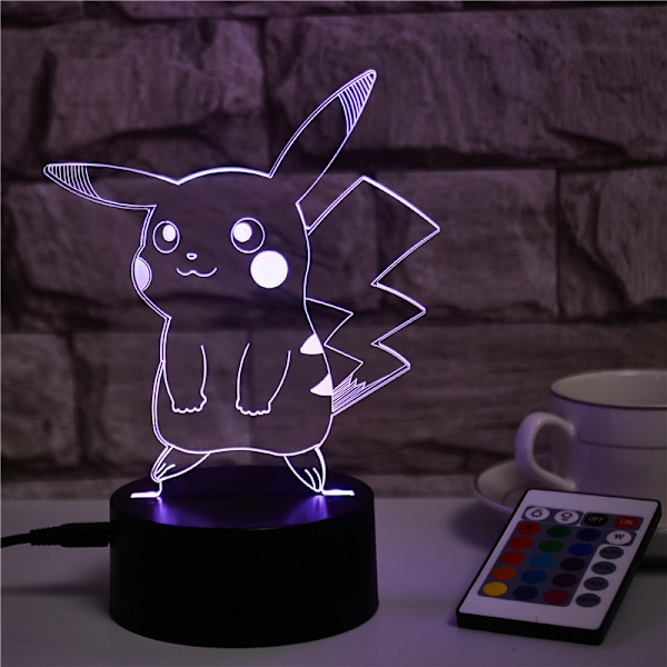 Pikachu 3D Liten Nattelys LED Lampe Kreativ Fargerik Berøringsfjernkontroll