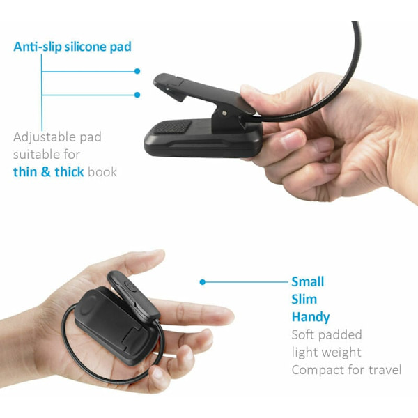 USB Ladattava Lukuvalo 9 LEDiä 3 Kirkkausasetuksella ja 3 Värilämpötilalla, 360° Joustava Varsi Klipsikiinnitteinen Yövalo