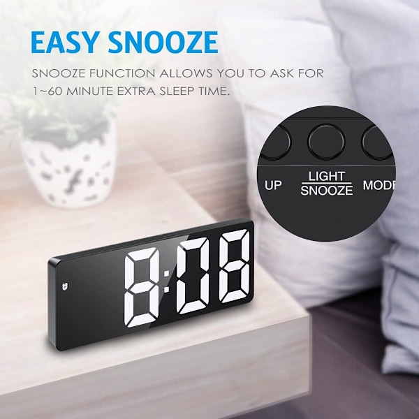 Digital väckarklocka, sängbordsklocka med stor LED-display, tickfri USB/batteridriven väckarklocka