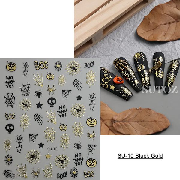 5D Röd Ond Ögonkula Nagelsticker Präglad Halloween Dekoration Blod Spindel Design Centipede Skorpion Manikyr Slider LEB5D-K257 SU-10 Black Gold