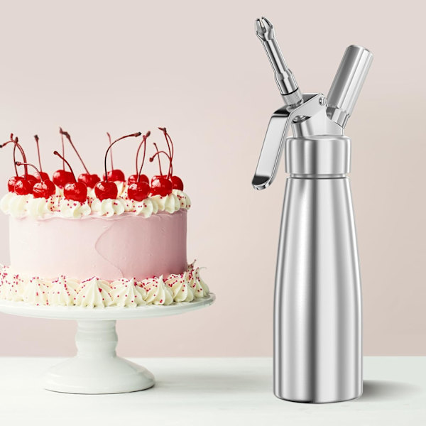 250 ml flødeskummer, flødeskumsprøjte, aluminium, med 3 dekorative rustfri ståldyser, 1 rengøringsbørste 250ml