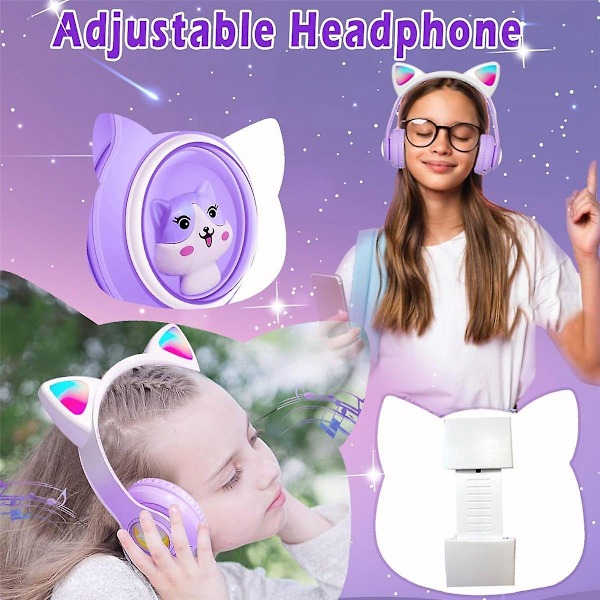 Bluetooth-hörlurar för barn, hopfällbara trådlösa hörlurar med LED-ljus, gamingheadset med kattöron