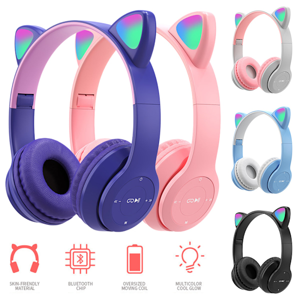 Barn Hörlurar Trådlösa Bluetooth Headset LED-lampor Kattöron Hörlurar Grey