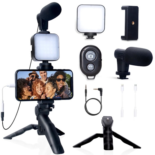 Vlogging-sett for iPhone og Android med stativ, 36 LED-lys, mini-mikrofon