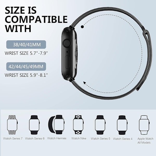 Metalliranne yhteensopiva Apple Watch -rannekkeen kanssa 40 mm 38 mm 41 mm Black-WELLNGS Black Black 42/44/45/49mm