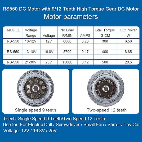 Rs550 18v 19500rpm To-Hastigheds 12 Tænder Højtydende DC Motor til Elektrisk Boremaskine/Skruetrækker