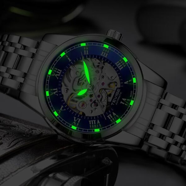 Klockor Automatisk Mekanisk Armbandsur | Läderband | Gyllene Urverk | 45mm Skeletturtavla | Vatten- och Reptålig | Elegant Present[mo]