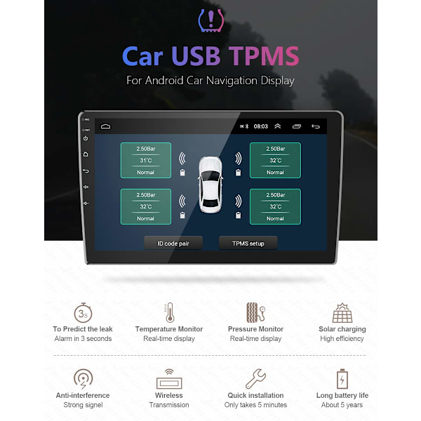Däcktrycksövervakningssystem Externa USB TPMS-sensorer Kompatibla med Android Bilnavigationsdisplay Extern