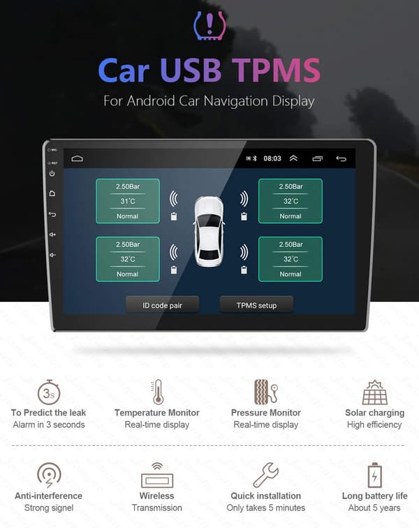 Dekktrykkovervåkingssystem Eksterne USB TPMS-sensorer Kompatible med Android Bilnavigasjonsdisplay Ekstern