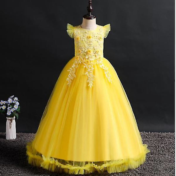 Pige Mesh Princess Kjoler, Børn Lange Sommerkjoler, Pige Klaver Performance Kostumer, Banketkjoler Gul Yellow 130