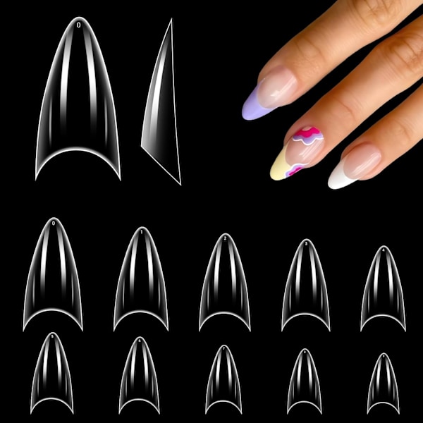 500 stk. Stiletto-formede korte negletips til akryl, klare halv-cover-formede negletips, franske transparente negletips, tryk på falske kunstige negle, 12 størrelser