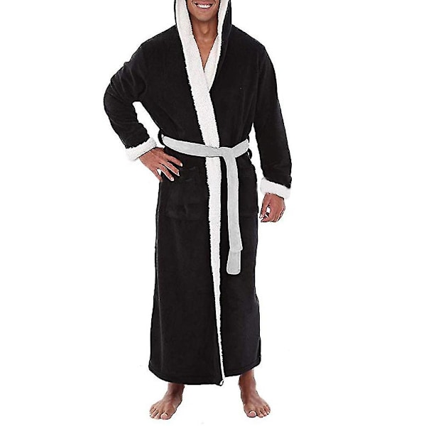 Menn Herre Lang Hette Badekåpe Myk Nattkjole Robe Dressing Gown Svart Black 3XL