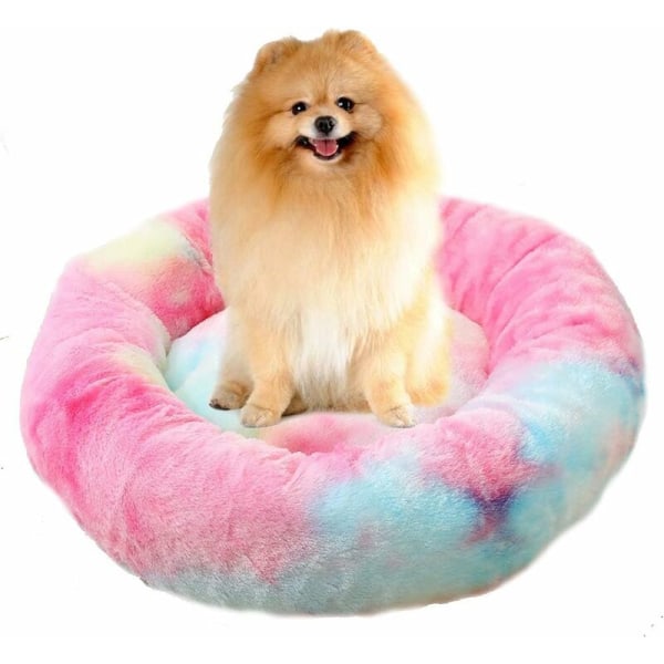 Rund plysj katteseng for kjæledyrskatter og små hunder Kattesengpute Donut Hundeseng passer Nestsofa XH062 (diameter: 60, fargerik rosa)