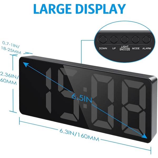 Digital väckarklocka, sängbordsklocka med stor LED-display, tickfri USB/batteridriven väckarklocka