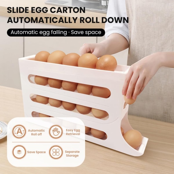4-etasjes eggestativ for kjøleskap, automatisk rullende kjøleskapsarrangør, 30 eggdispenser kjøleskap, plassbesparende eggdispenserholder Gray