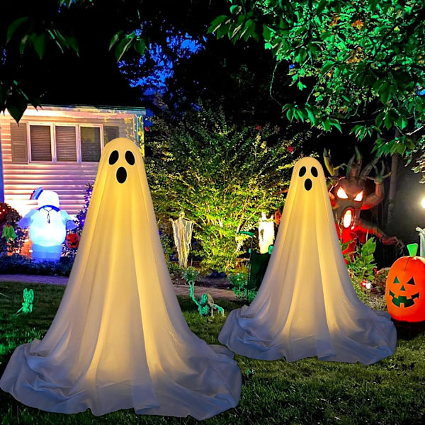 2-pakning Halloween-dekorasjoner utendørs, skumle spøkelses-Halloween-dekorasjoner med lyslenker batteridrevne, spøkelsesdekorasjoner for veranda og hage