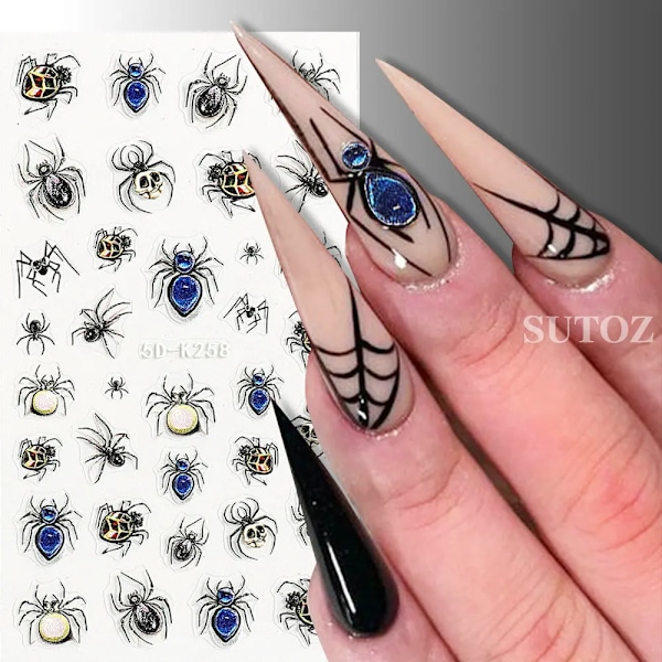 5D Röd Ond Ögonkula Nagelsticker Präglad Halloween Dekoration Blod Spindel Design Centipede Skorpion Manikyr Slider LEB5D-K257 SU-10 Black Gold