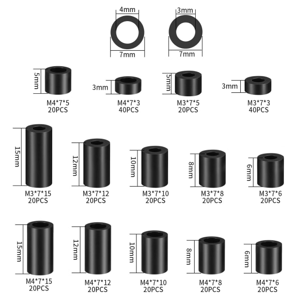 320 stk nylon, runde afstandsskiver, sorte flade skiver f