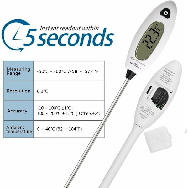 Digitalt Kjøkkentermometer med Lang Probe, 5 Sekunders Direkteavlesning, Stor LCD-Skjerm, Kjøtttermometer, Grilling, Baking, Badevann[mo]