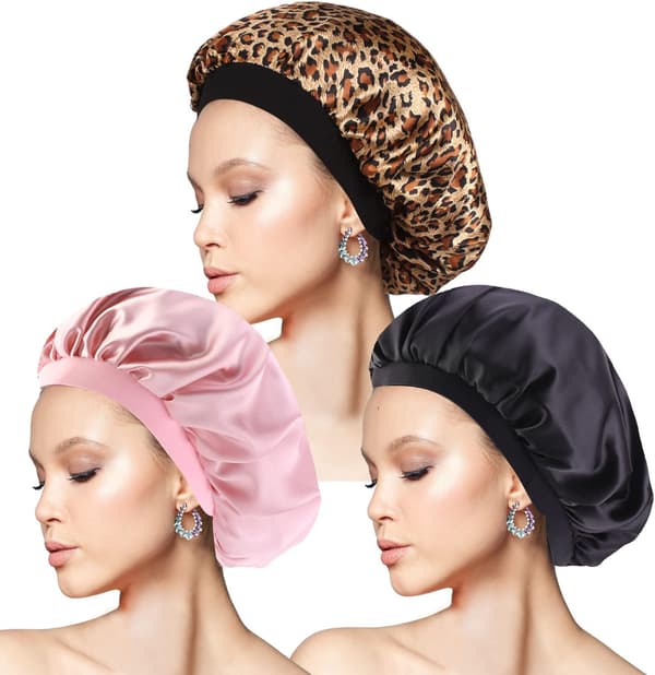 3-pakning sateng sovehette med hette, (svart, rosa, leopard)