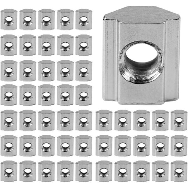 Set med 50 glidande T-muttrar, europeisk standard, förnicklad yta av kolstål för aluminiumprofiler (EU30-M5)