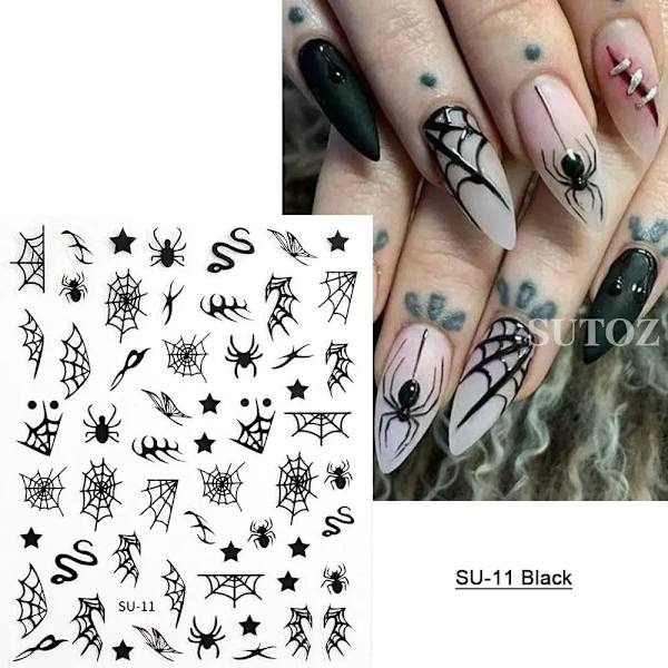 5D Röd Ond Ögonkula Nagelsticker Präglad Halloween Dekoration Blod Spindel Design Centipede Skorpion Manikyr Slider LEB5D-K257 SU-11 Black