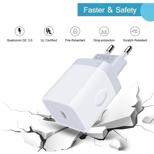 2 stk iPhone hurtiglader USB-C strømadapter 20W + 2 stk 2 m kabel hvit