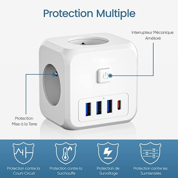 Pris USB Seinäpistorasia Monitoiminen Kuutio, 7-in-1 USB-Latausjakaja 3 AC-Pistorasialla, 4000W ja 1 Tyypin C ja 3 USB-Porttia, Pris Seinäpistorasia Sähköinen