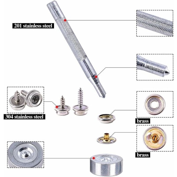 60 stk. marine lærred trykknapper - metalskruer til presenning/møbler, 2 justeringsværktøjer