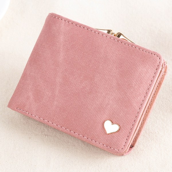 En liten rosa lommebok med hjerteformet pynt, 9,5 cm × 11,5 cm ×