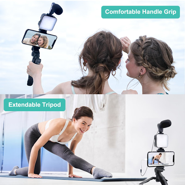 Vlogging-sett for iPhone og Android med stativ, 36 LED-lys, mini-mikrofon