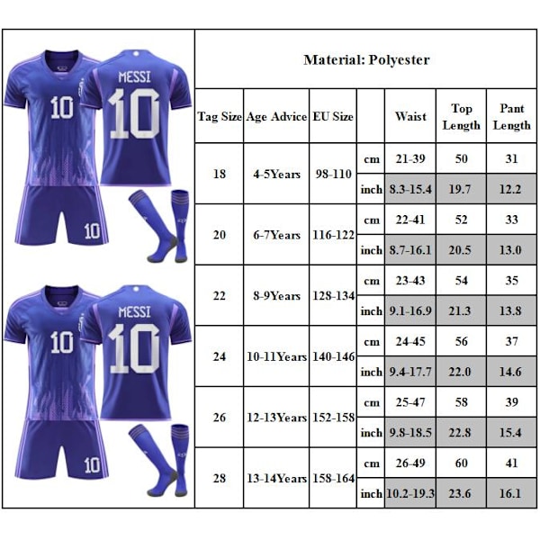 2022 Argentina nr 10 Messi Fotbollströja Barn Jersey Set Fotbollskläder, Barn Ungdomsfotbollströja 18