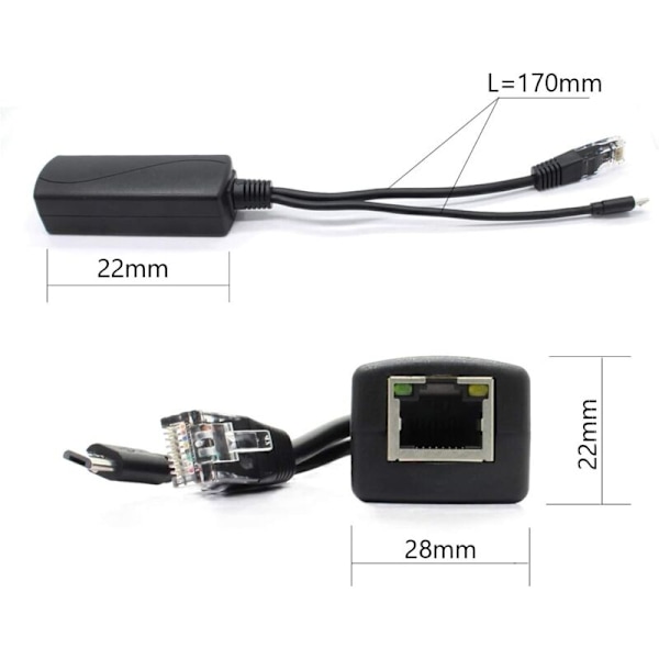 2-pak Gigabit PoE Splitter, 48V til 5V 2.4A Micro USB Ethernet Adapter, fungerer med Raspberry Pi 3B+, IP-kamera og mere.