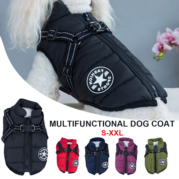 Talvikoiran takki valjaalla Koiran lämpimät vaatteet Vedenpitävä musta black XL