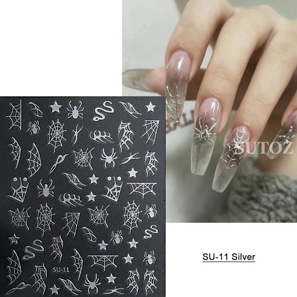 5D Röd Ond Ögonkula Nagelsticker Präglad Halloween Dekoration Blod Spindel Design Centipede Skorpion Manikyr Slider LEB5D-K257 SU-11 Silver