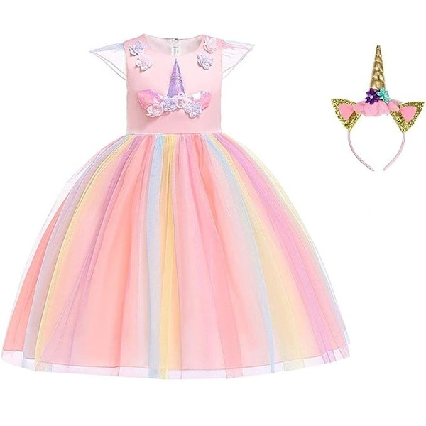 Barn Unicorn Kostym Klänning, Flickor Unicorn Kjol, Blommor Flickor Ärmlös Festkläder, Födelsedagskläder Festkläder, Unicorn Halsband（Rosa）-WELLNGS 130