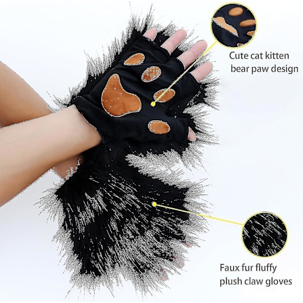 SJJYV Falsk Ræv Halen Katte Ulv Cosplay Sæt Plysmaske Fluffy Pote Handsker Halloween Jul Black